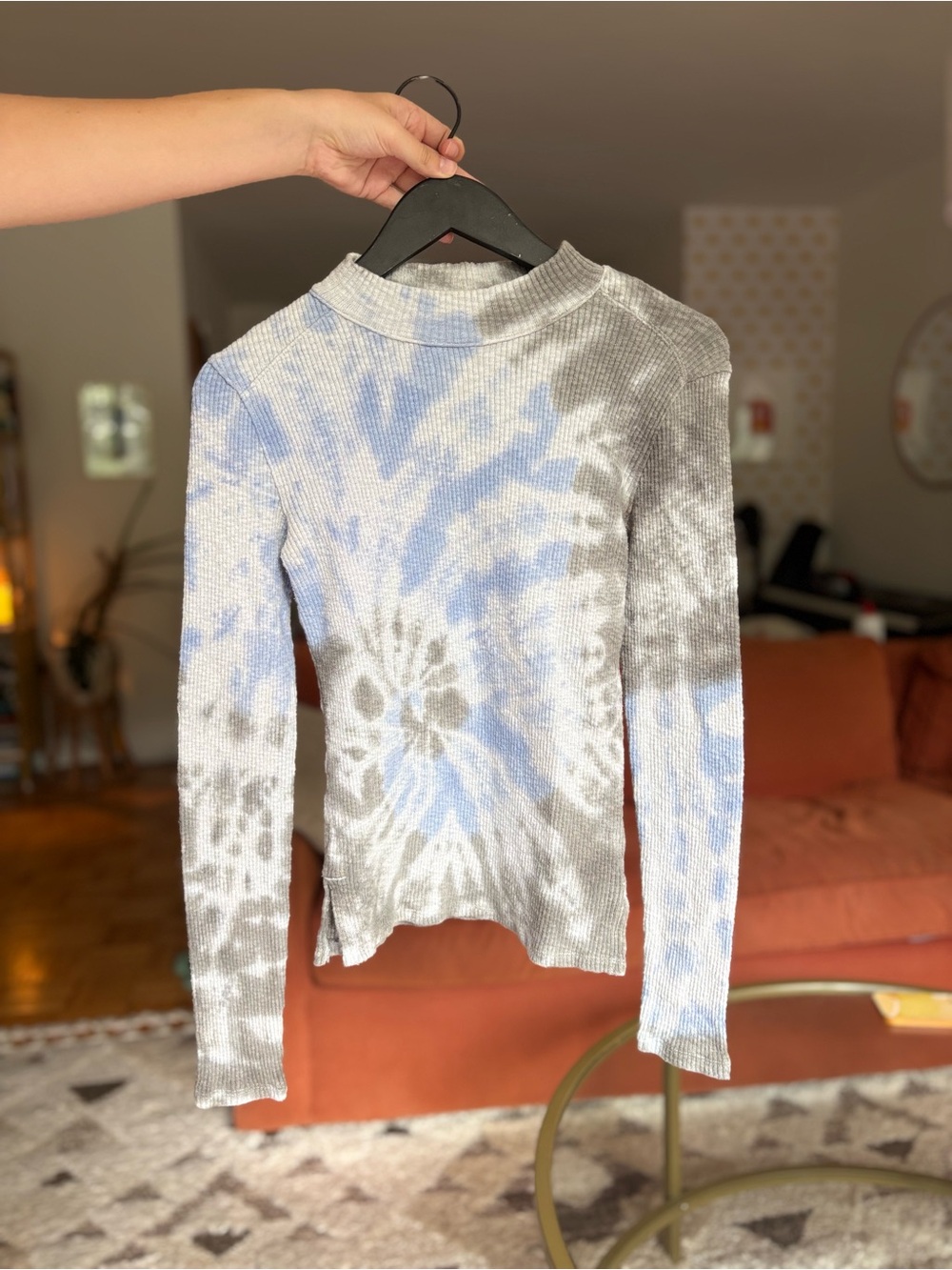 We The Free Light Blue and Gray Tie-Dye Ribbed Long-Sleeve Top